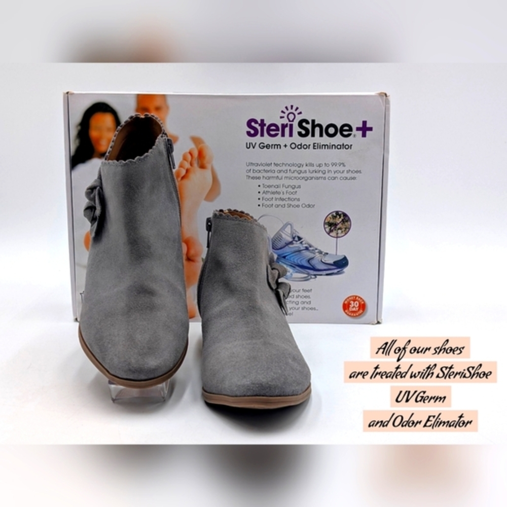 Jack Rogers Kali Grey Suede Ankle Bootie Sz US 7.5M/EU 38 Scalloped Trim withBow - Picture 16 of 17